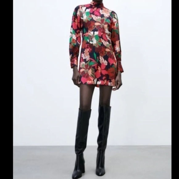 New Zara Floral Print Satin Effect Dress - Picture 7 of 16